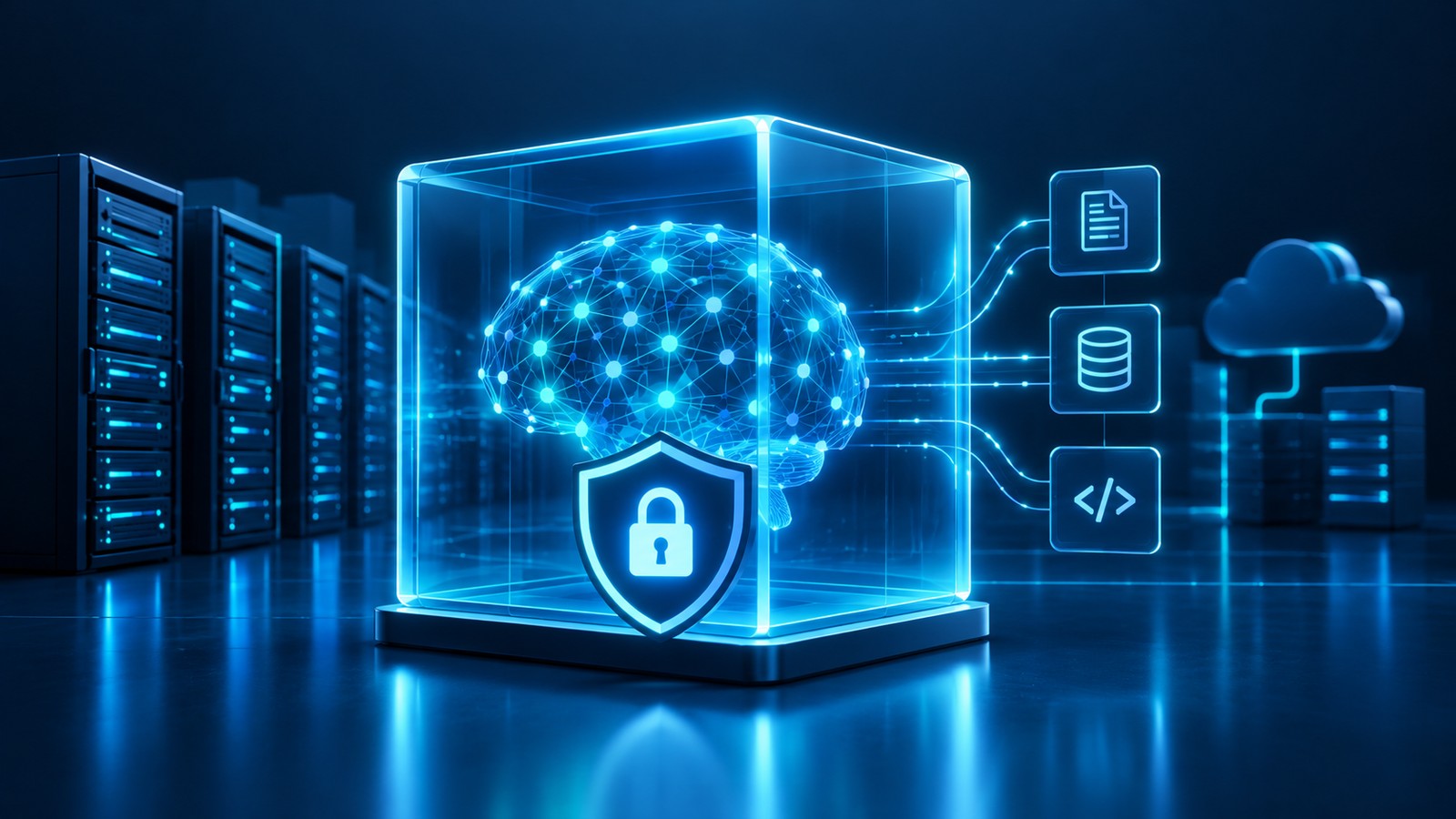 Neural network model sealed inside a glass cube with a lock, next to server racks — private AI running on your own infrastructure