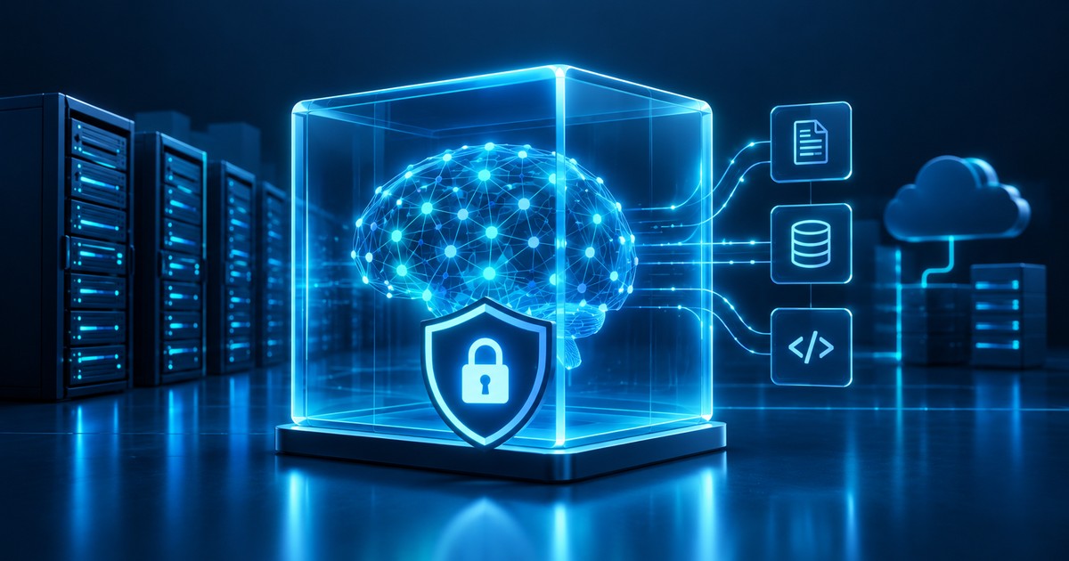 Neural network model sealed inside a glass cube with a lock, next to server racks — private AI running on your own infrastructure
